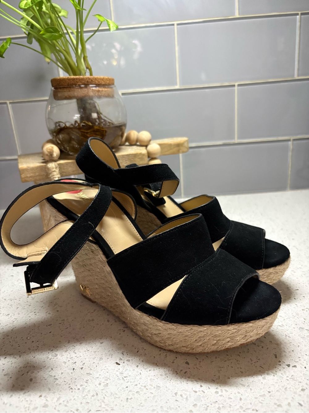 Michael Kors Black Suede Espadrille Wedge Sandals